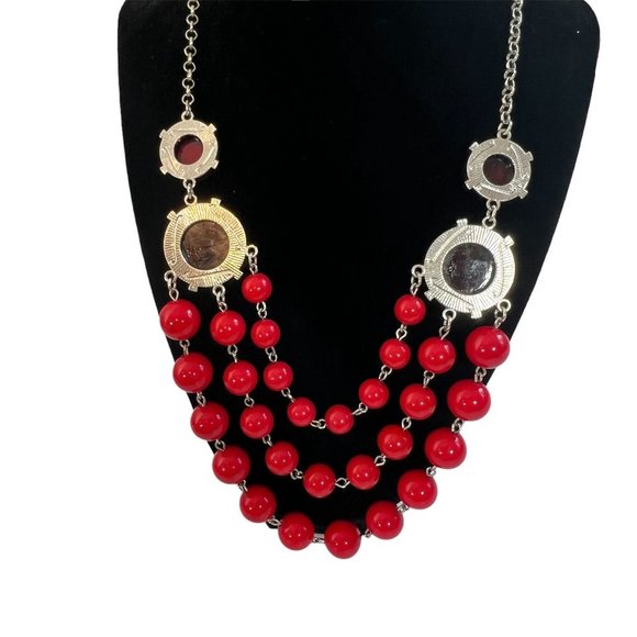 New York and Company Red Necklace Chunky Faceted & Round Beads Multi Strand - Picture 2 of 7
